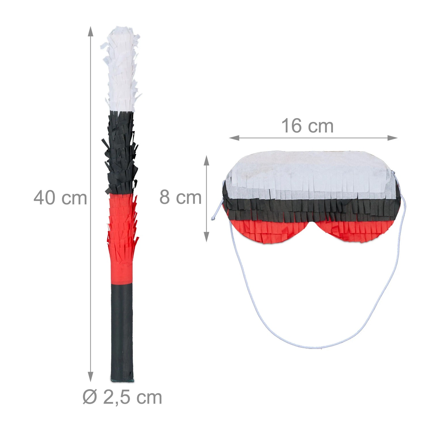 Relaxdays Pinata Feuerwehrauto Set mit Maske und Stab, rot, blau, gelb, aus Papier und Pappe.