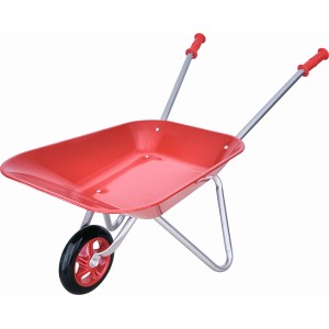 Rote Kinderschubkarre aus Metall mit Gummireifen für kleine Gärtner.