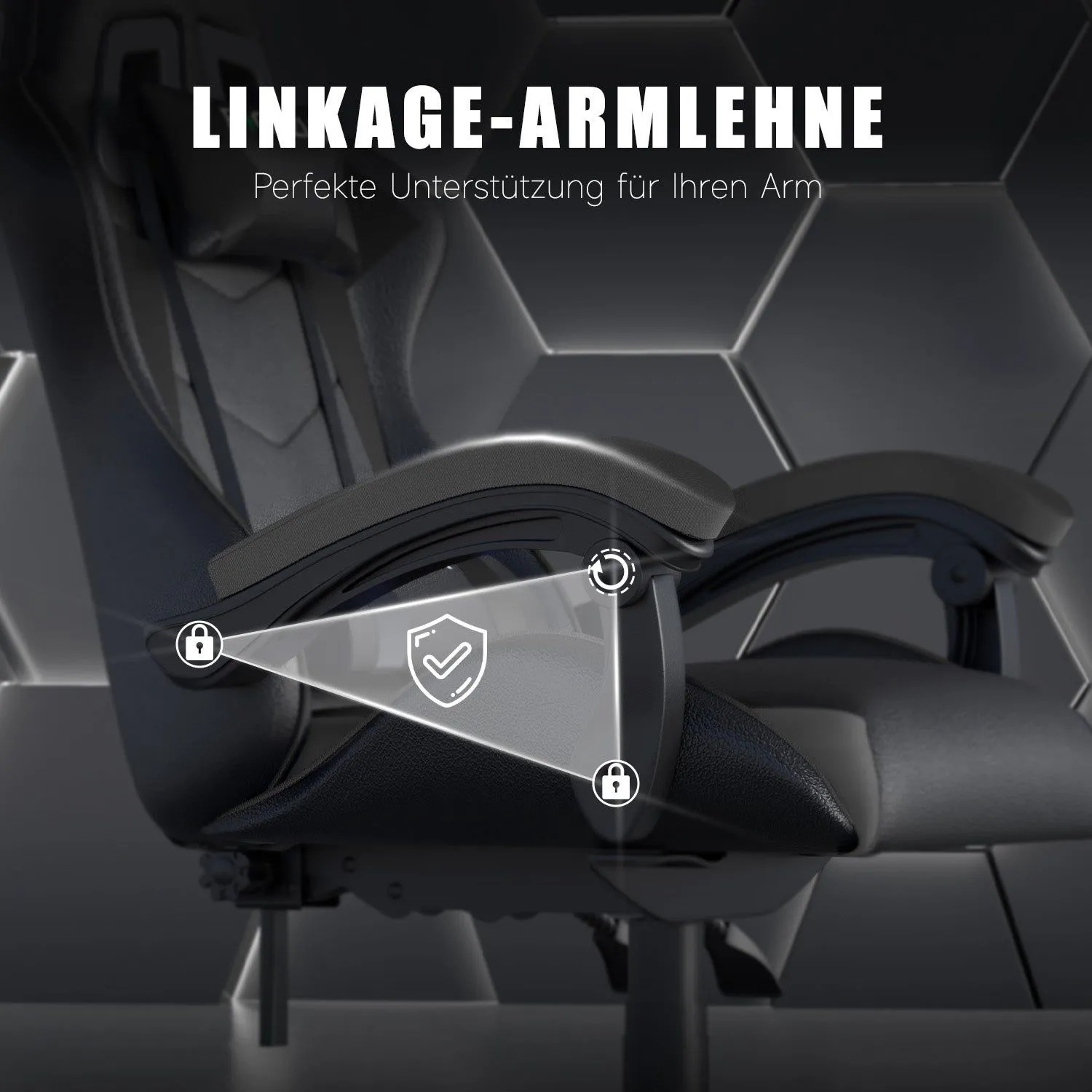 Detailaufnahme: Schwarzer Rattantree Gaming Stuhl mit verstellbarer Armlehne.