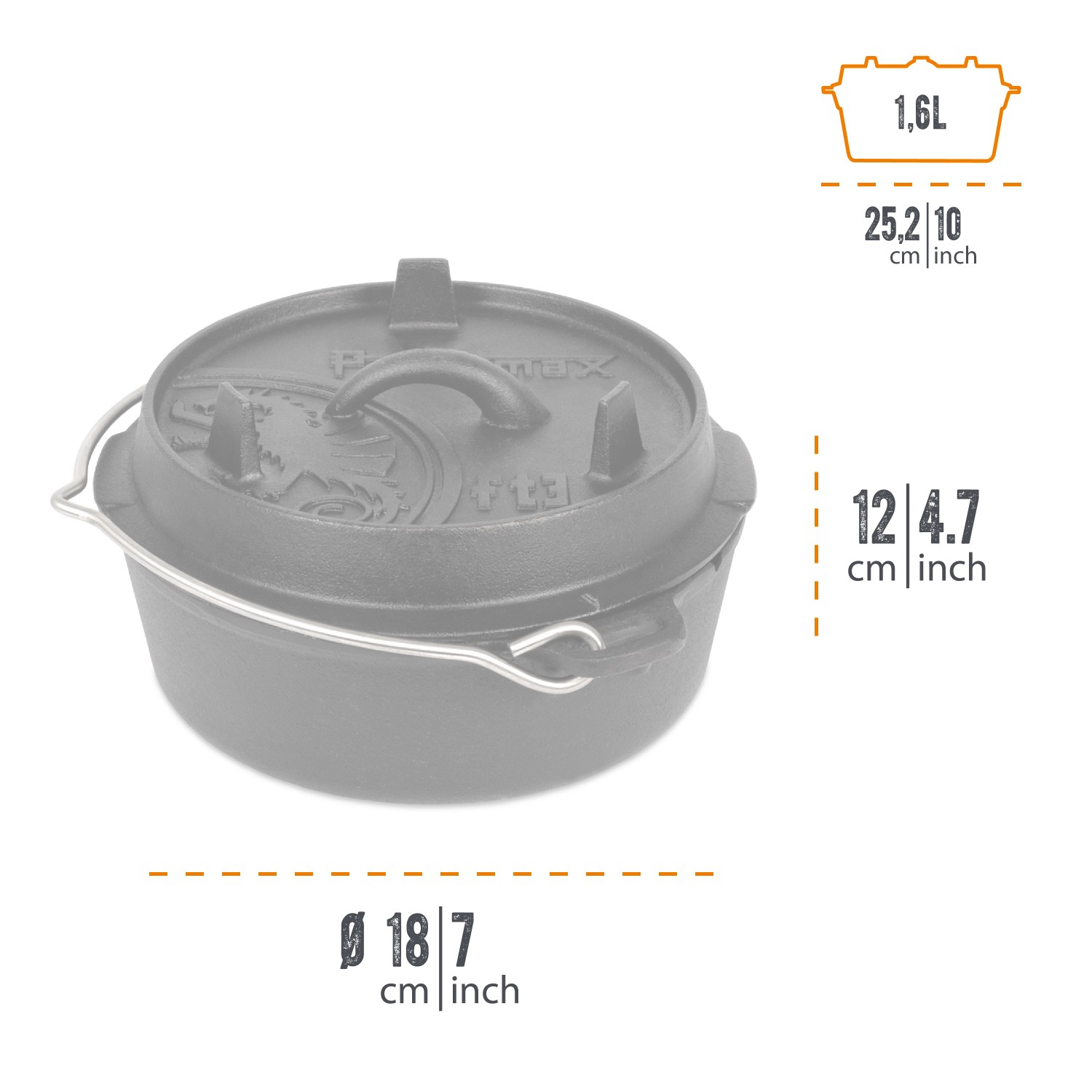 Schwarzer Petromax Dutch Oven FT3 mit Deckel und Henkel, ideal zum Kochen im Freien. Grillutensil mit 1,6 l Volumen.