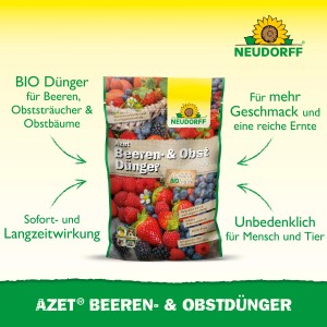 Neudorff Azet Beeren- und Obst-Dünger 750g Packung mit Beeren-Motiv für gesunde Pflanzen.