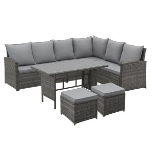 Graues Svita Monroe Garten-Lounge Set aus Polyrattan mit Tisch, Ecksofa und Hockern.