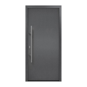 EcoStar Haustür Isopro IP 010 in Anthrazitmetallic, glatte Tür mit Edelstahlgriff.