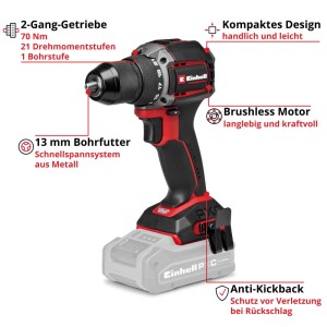 Einhell Akku-Bohrschrauber TP-CD 18/70-C Li BL-Solo, schwarz-rot. Bürstenloser Motor, 70 Nm, 13mm Metallfutter, Anti-Kickback.