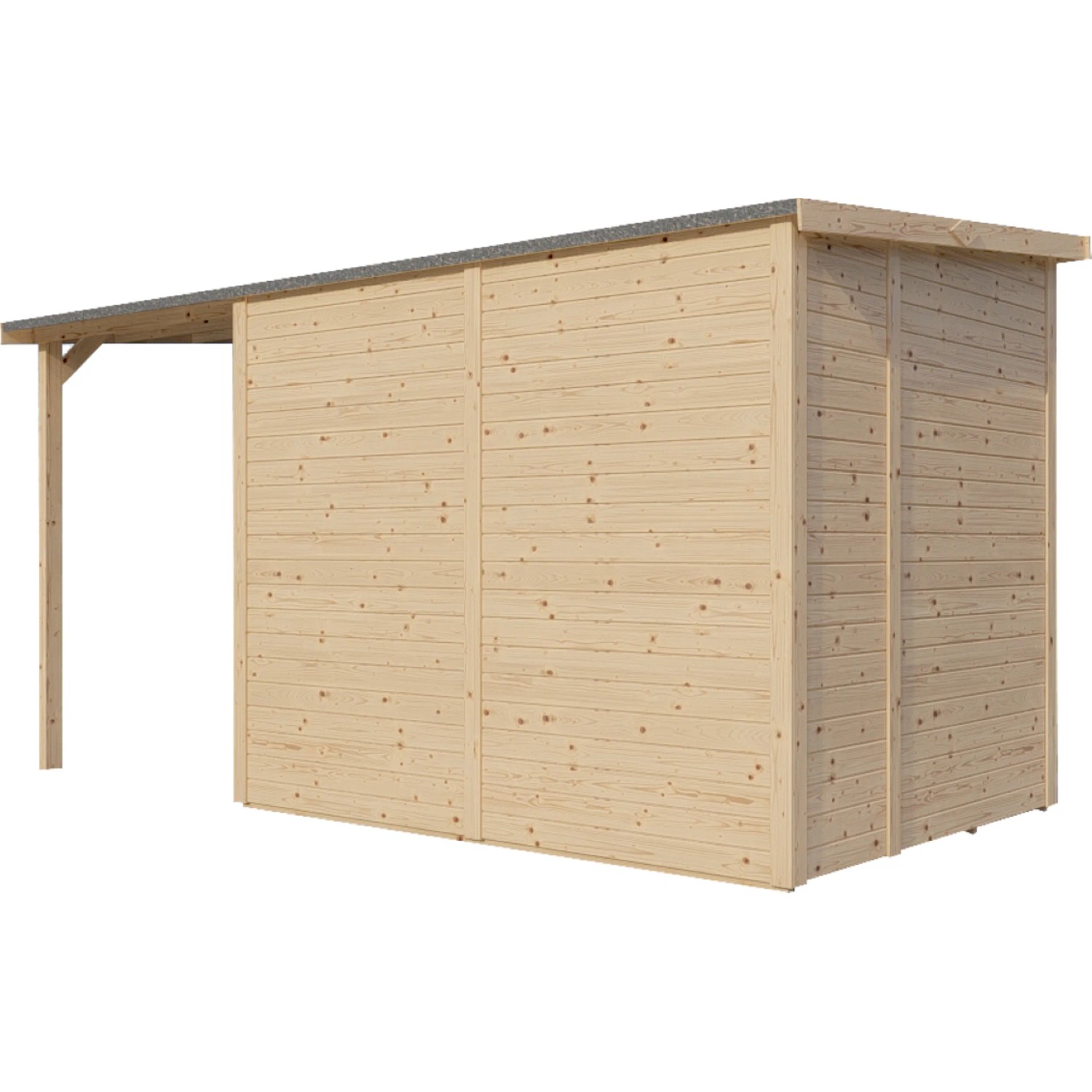 Bertilo Holz-Gartenhaus mit Pultdach, unbehandelt, 386x180 cm. Gartenhaus mit Anbau und naturbelassener Holzoptik.