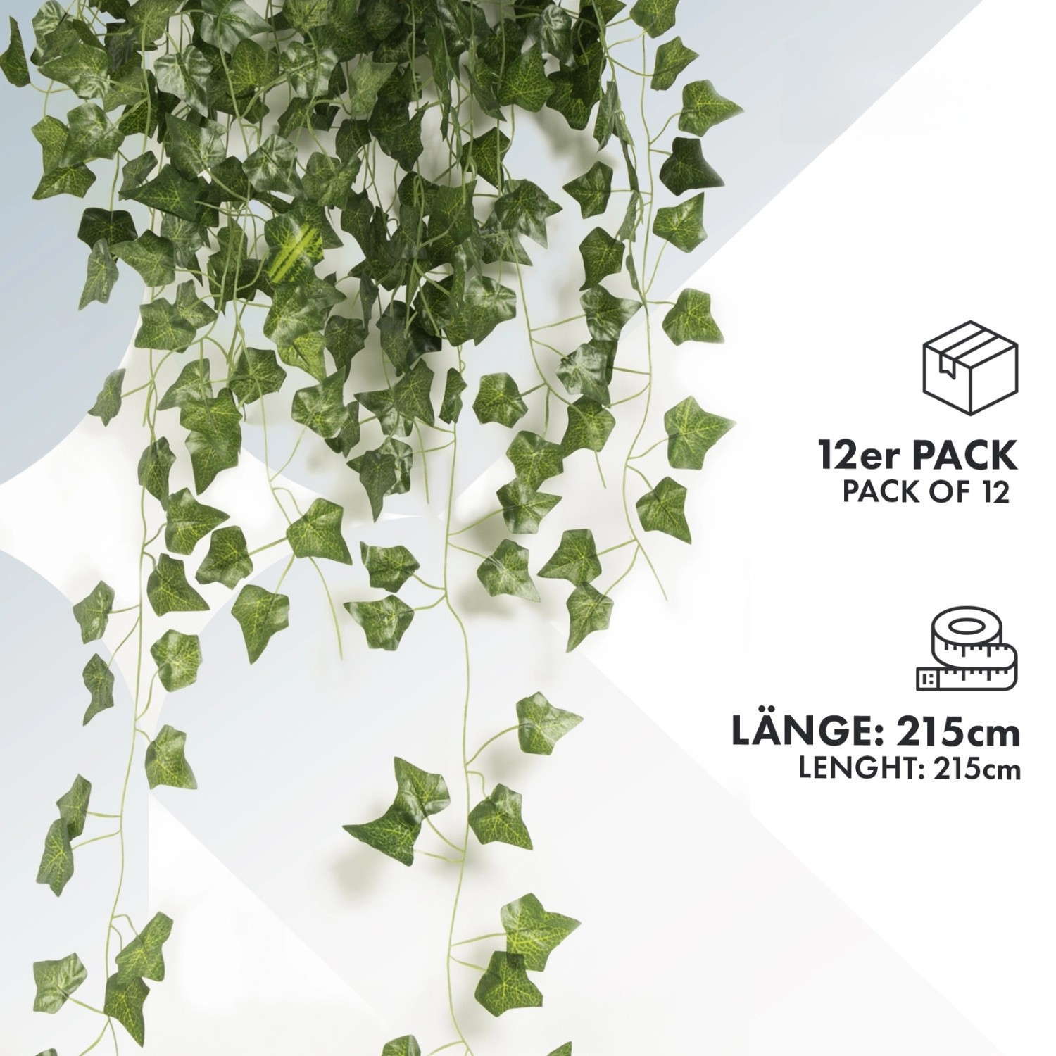 Künstliche Efeu-Girlande, 12er Pack, 215 cm lang, zur Wanddekoration.
