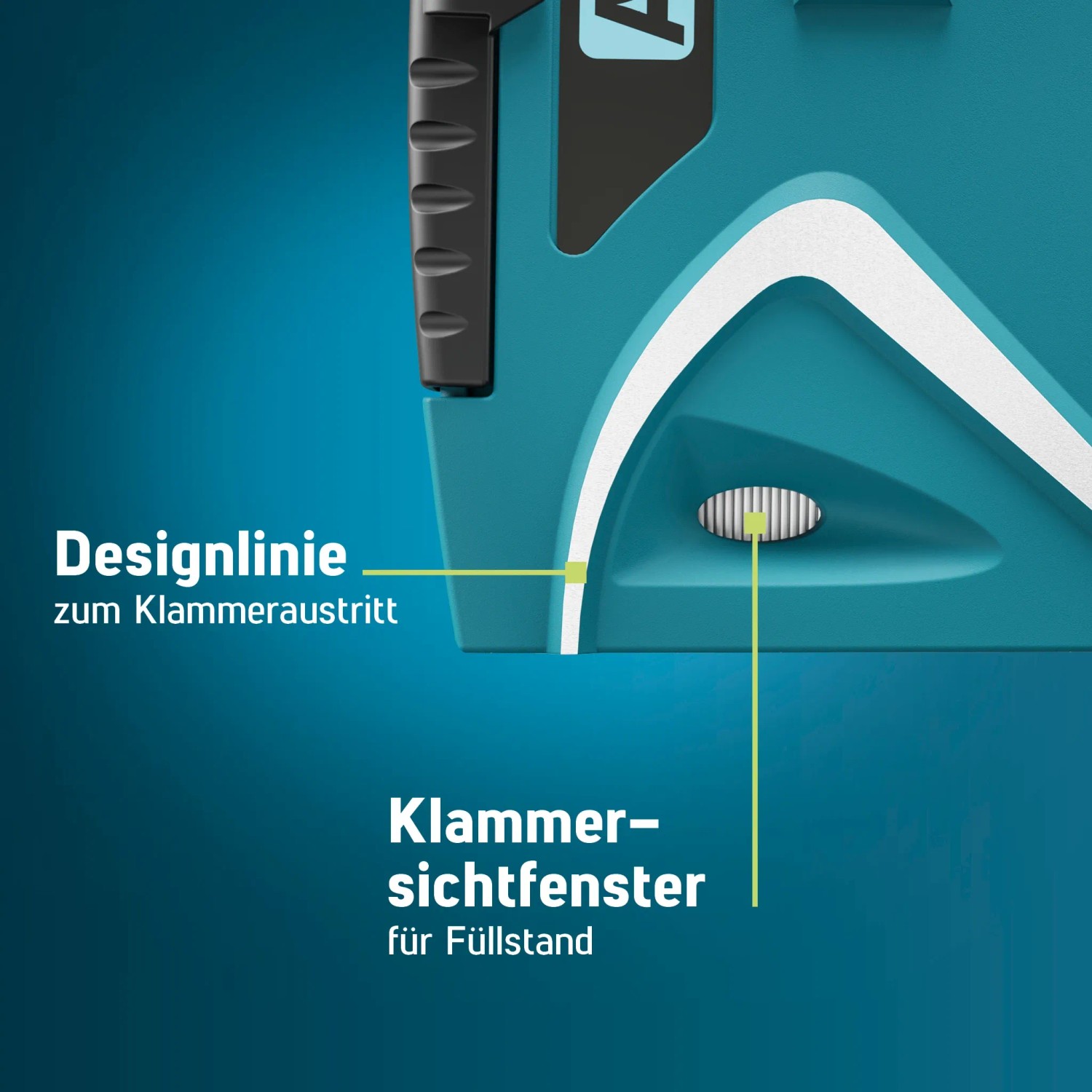 Detailaufnahme Novus J-25 Handtacker: Designlinie und Klammersichtfenster für Füllstand.