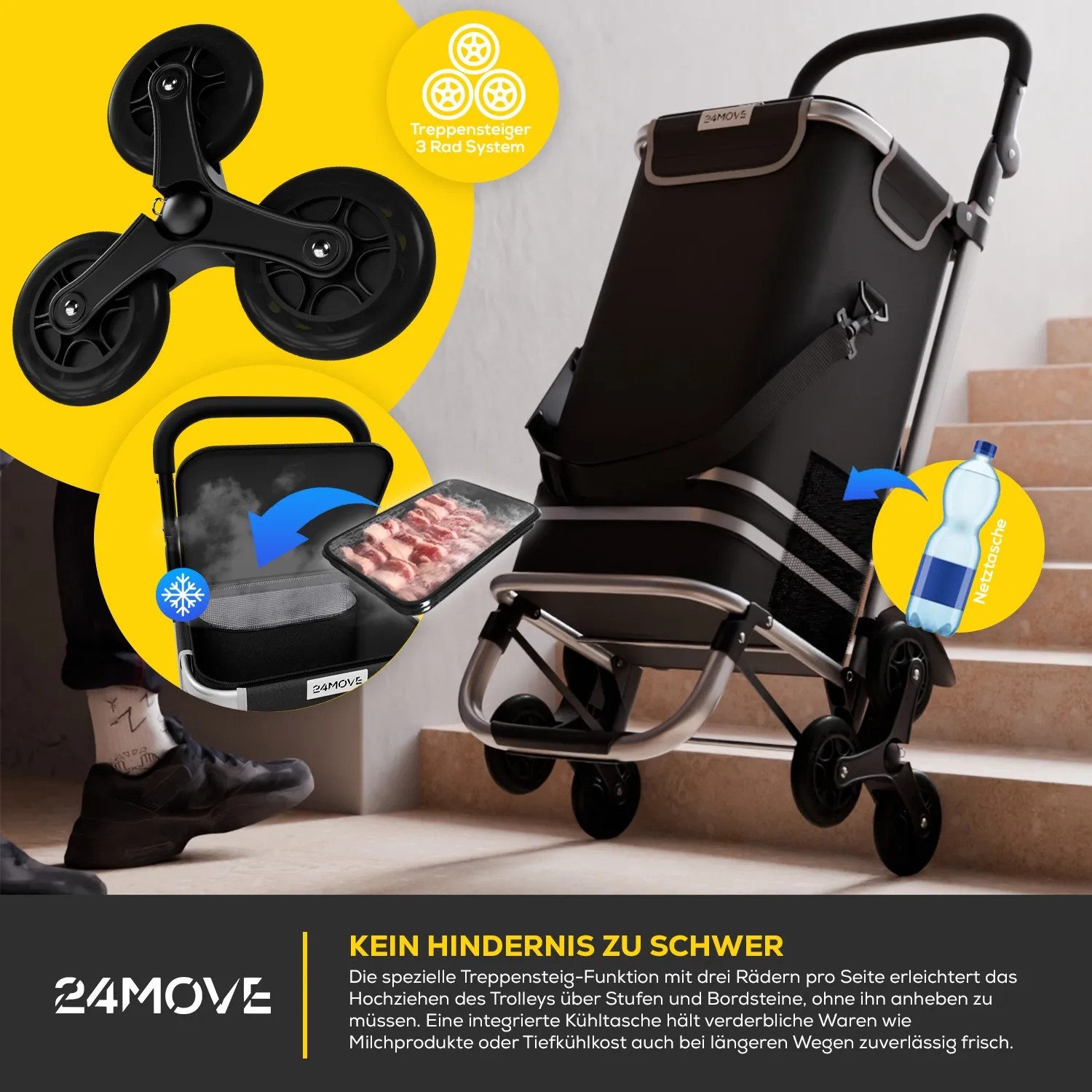 24MOVE Einkaufstrolley Alegre 3in1, faltbar, mit Kühlfach und Treppensteiger-Rädern in Schwarz.