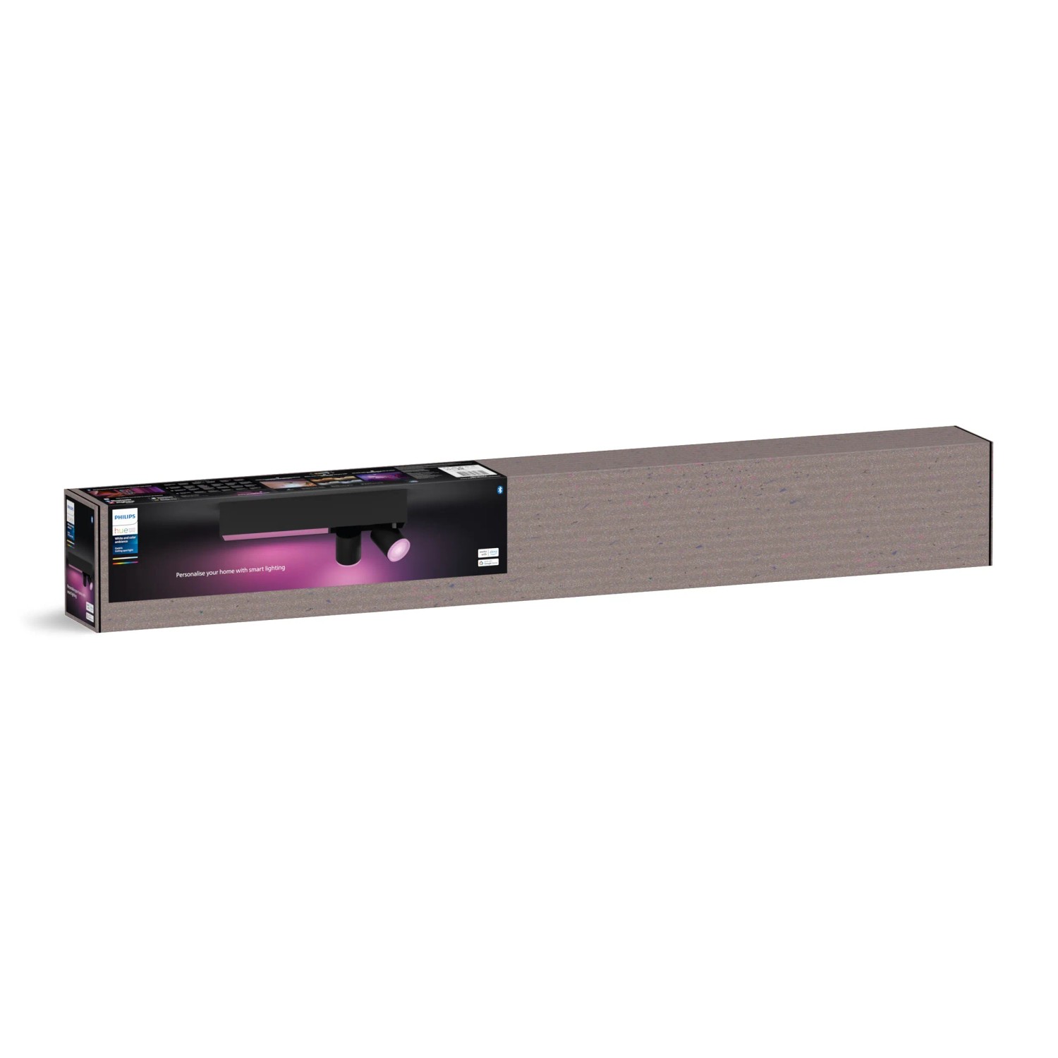 Verpackung der Philips Hue LED-Deckenleuchte Centris mit 2 Spots, White & Color Ambiance, Schwarz.