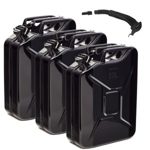 3 schwarze BW Kraftstoffkanister aus Metall, je 20 Liter, mit Ausgießer. Pannenhilfe für Auto & Motorrad.