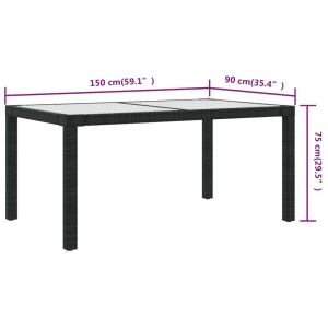 Schwarzer vidaXL Gartentisch (150x90 cm) mit Glasplatte und Rattan-Optik.
