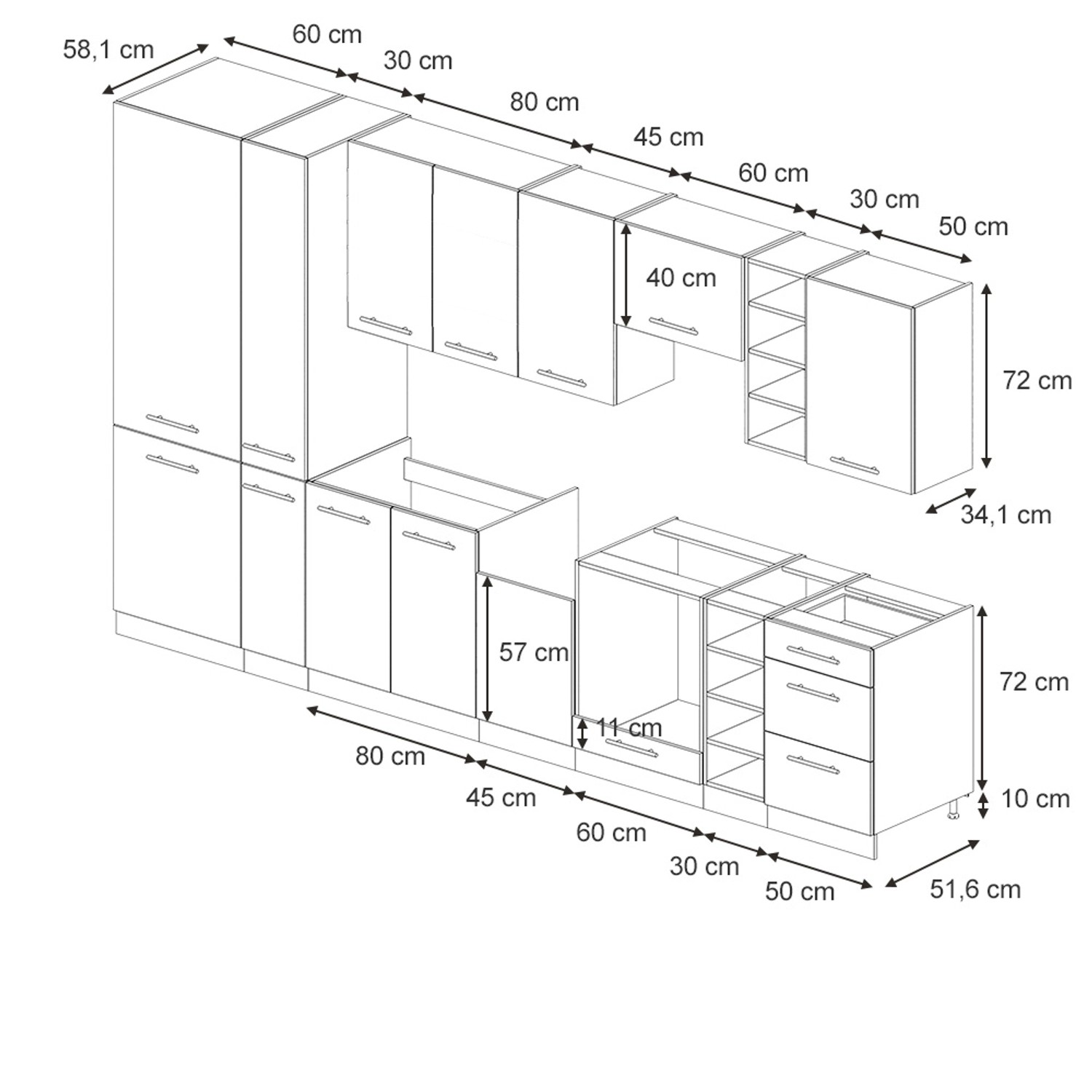 Skizze der Fame-Line Küchenzeile in Eiche Paneel/Weiß, 355 cm breit, ohne Arbeitsplatte.