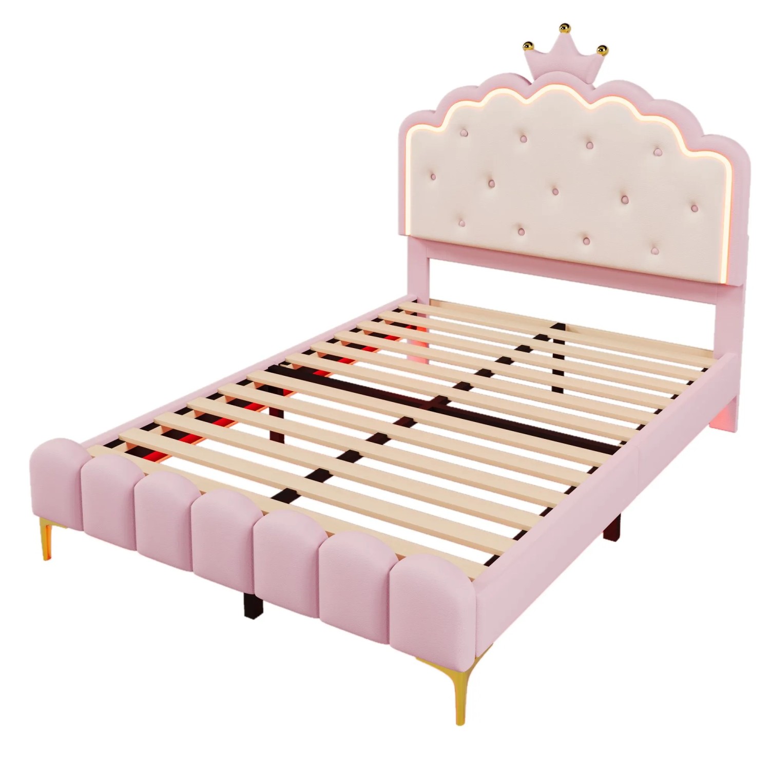 okwish Polsterbett 140x200cm mit LED Fernbedienung Kronenform Kinderzimmer Rosa ohne Matratze