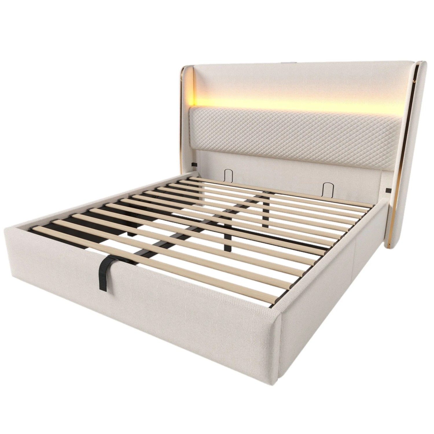 okwish Hydraulisches Bett 160x200cm mit USB C Anschlüssen Kinderzimmer Beige mit Matratze
