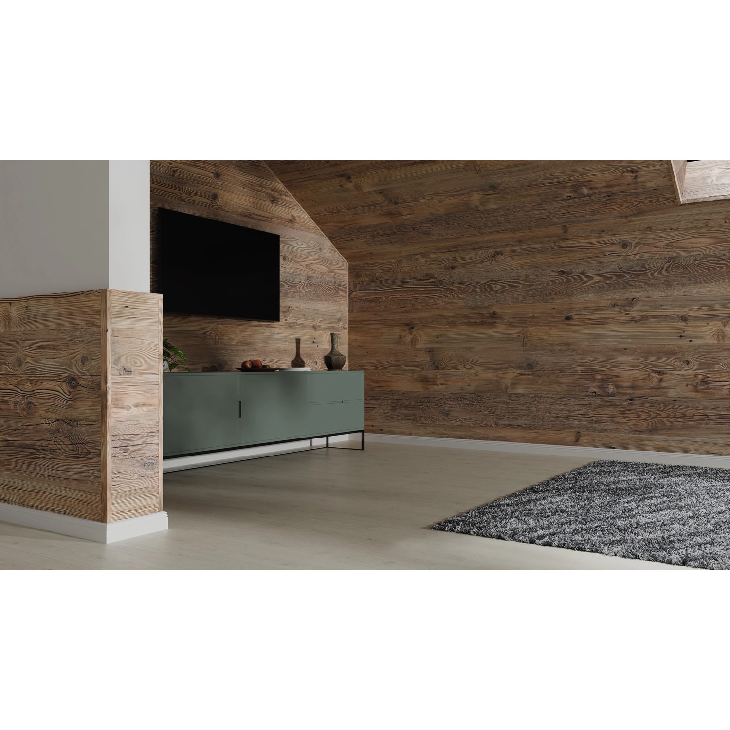 Raum mit Egger Decowall Wandverkleidung in Fichte Natur und passender Winkelleiste.