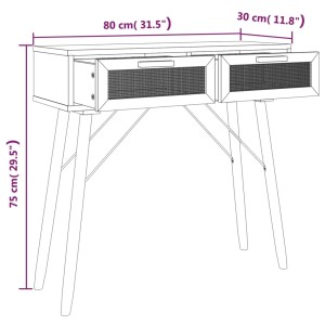 Brauner Konsolentisch aus Kiefernholz mit Rattan-Schubladen, 80x30x75 cm. Skandinavisches Design für Flur oder Wohnzimmer.