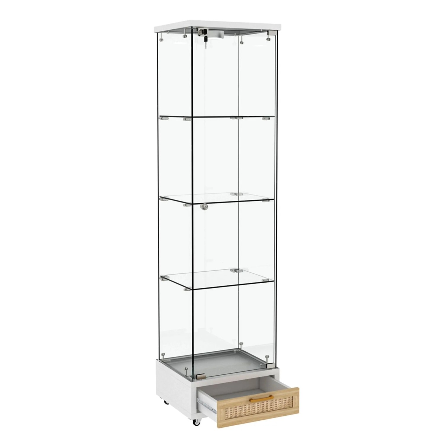 okwish Glasvitrine mit LED Beleuchtung Schubladen Regalböden Wohnzimmer 167x42x36cm Weiß