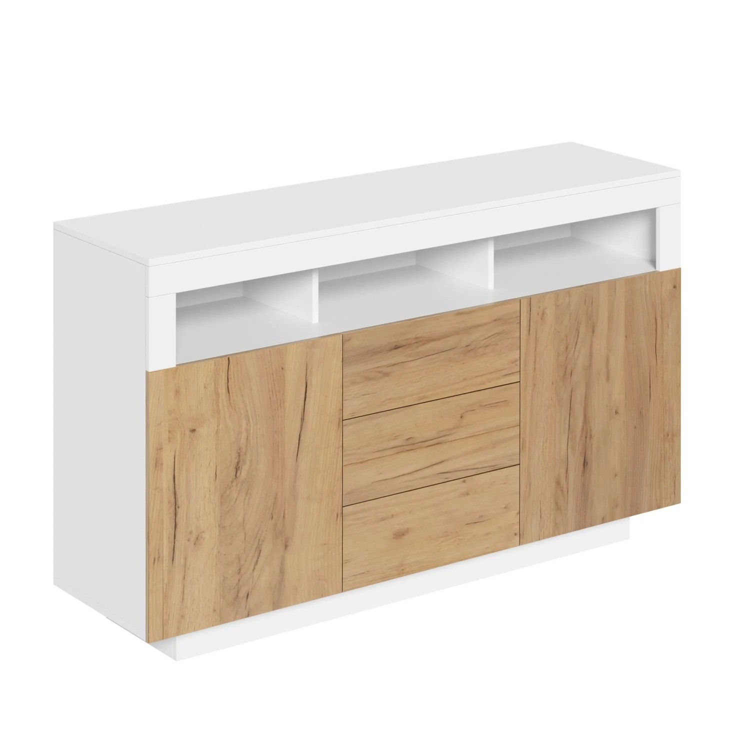Merax Sideboard 140x85 cm in Weiß und Naturholzoptik. Wohnzimmerschrank mit 3 Schubladen, 2 Türen und offenen Fächern.