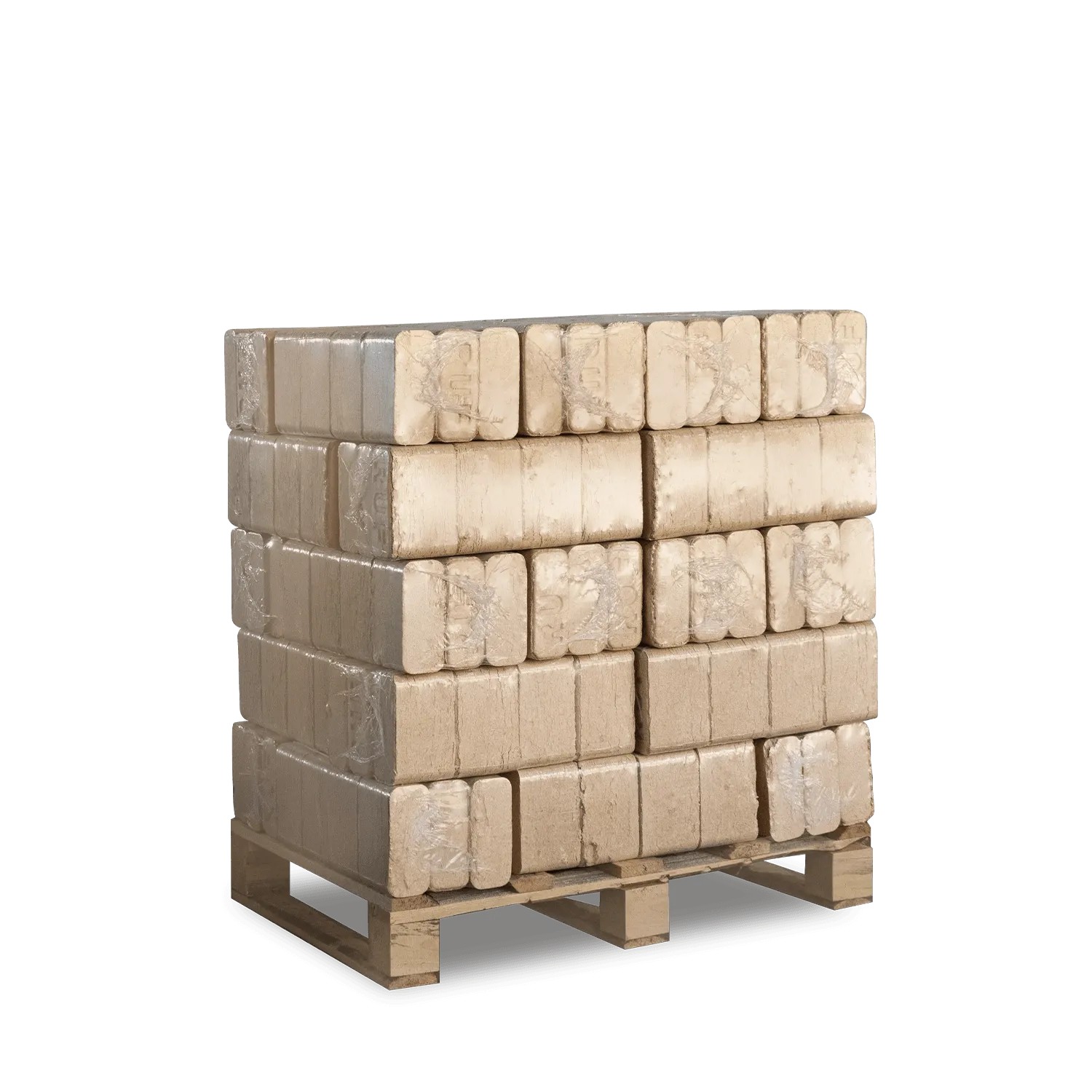 Heizfuxx Holzbriketts Ruf Original Blue, rechteckig, foliert, auf Holzpalette gestapelt. Brennstoffe für Kamin & Ofen.