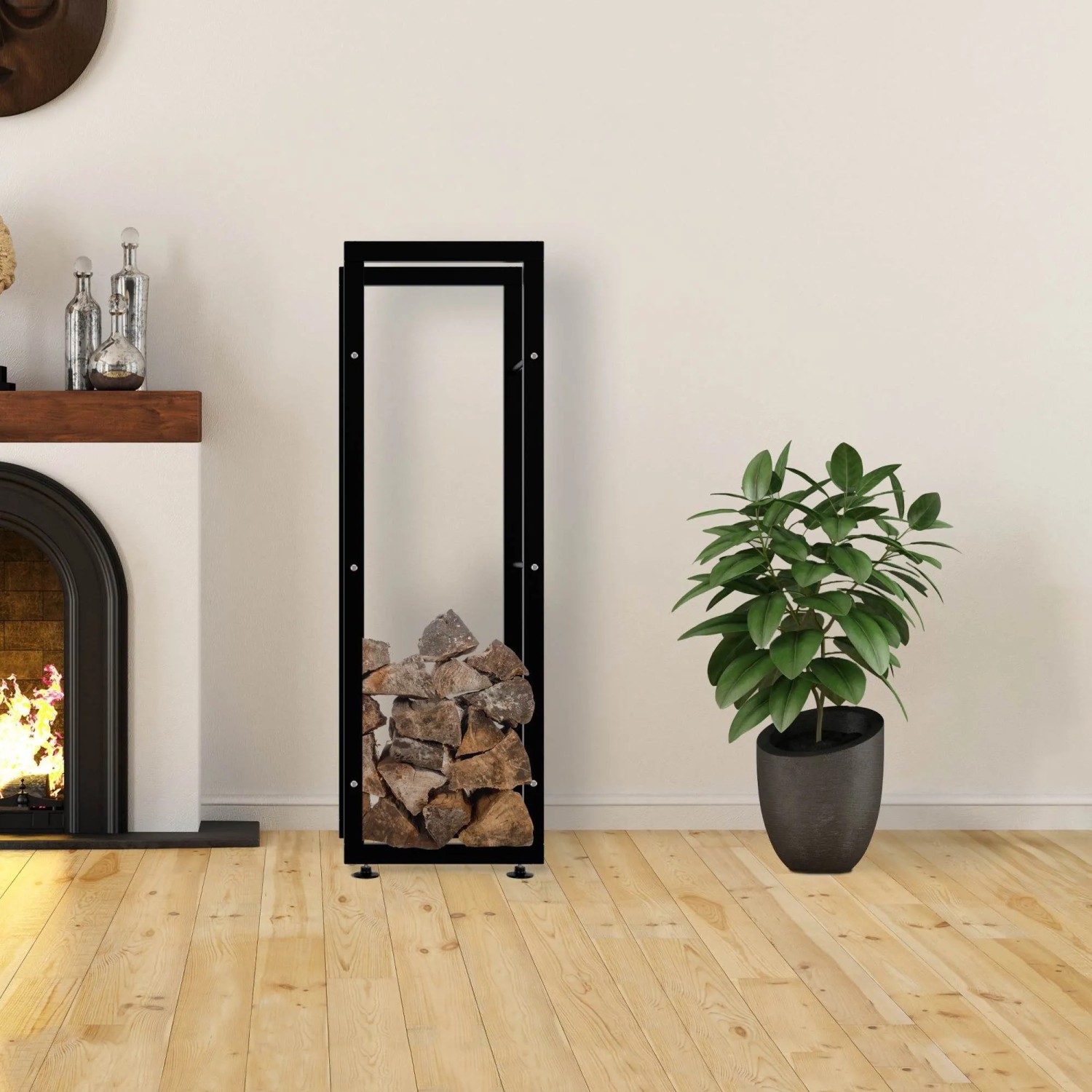 Schwarzes DELUKE Kaminholzregal aus Metall mit Brennholz für den Innenbereich.