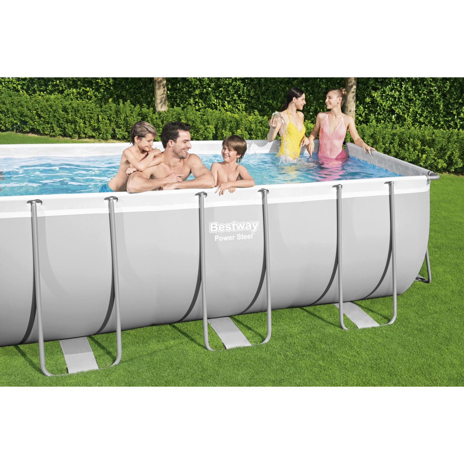 Bestway Frame Pool-Set Power Steel, 412x201x122 cm, lichtgrau, mit Familie im Garten.