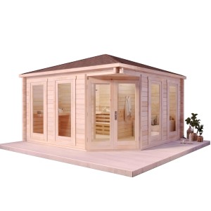 Naturbelassenes Finntherm Gartensauna Sandor-70 Saunahaus mit Fenster und Doppeltür.