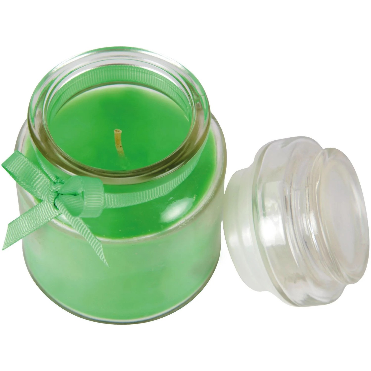 Grüne Duftkerze Coconut Limes im Glas mit Schleife, Deckel daneben. Kerze für entspannte Atmosphäre.