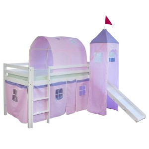 Rosa Homestyle4u Hochbett mit Tunnel, Bogen, Zelt und Rutsche für Kinder.