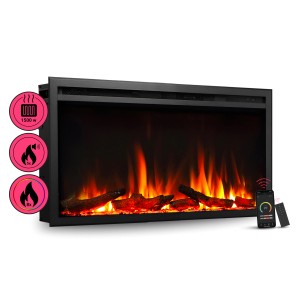 Schwarzer BALDERIA Elektrokamin AT-33 mit 3D-Flammeneffekt, App-Steuerung und Heizung.