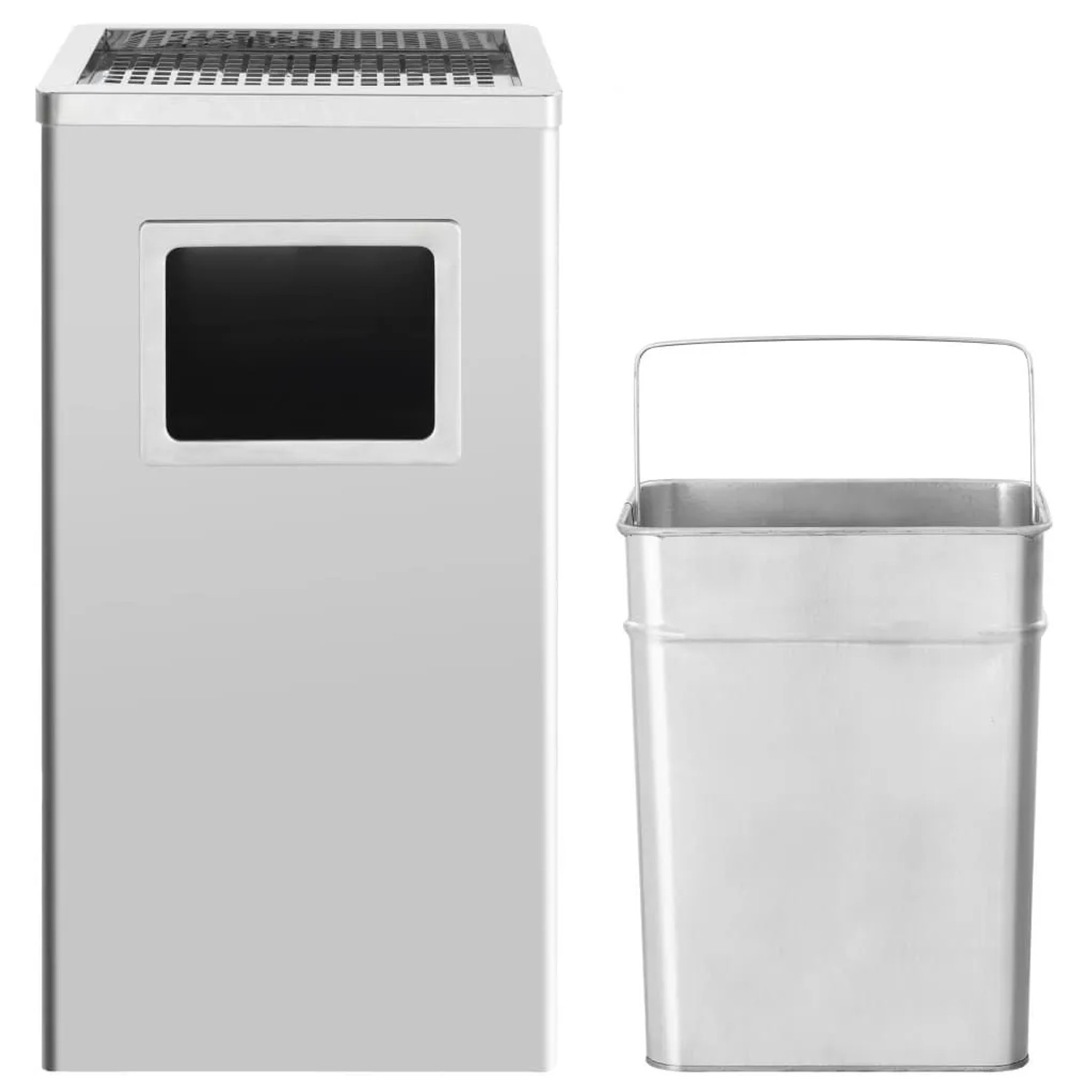 Silberner Edelstahl Standaschenbecher 45L mit Mülleimer und herausnehmbarem Inneneimer. Ideal für draußen.