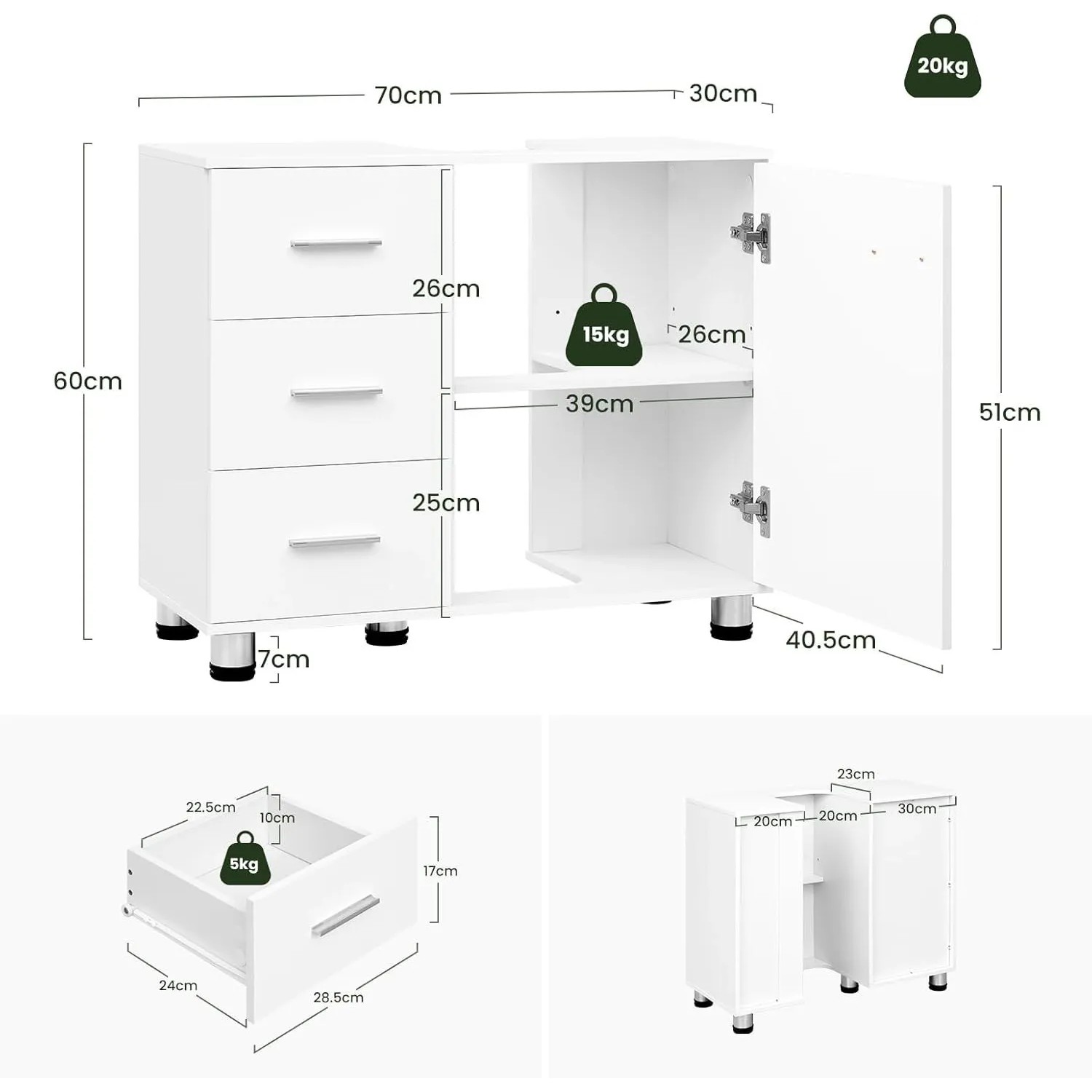 Weißer EUGAD Waschbeckenunterschrank 70x60x30 cm mit 3 Schubladen, Tür und verstellbarem Fach. Badschrank für Stauraum.