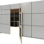 Modernes, anthrazit-graues Bertilo Gartenhaus HPL 2 mit geöffneter Doppeltür. Holz-Gartenhaus mit Flachdach.