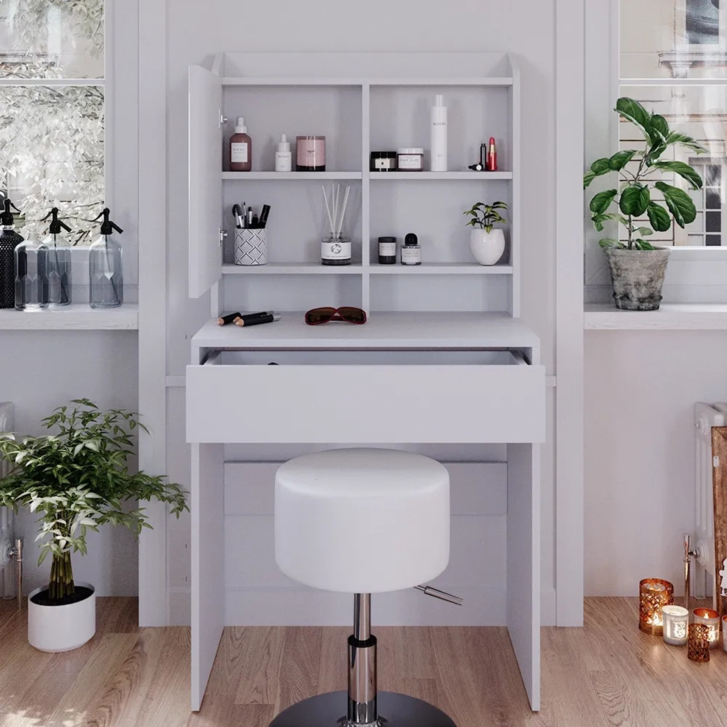 Weißer Vicco Schminktisch Laura 70 cm mit Hocker und Spiegel. Kosmetiktisch mit Schublade und Fächern.