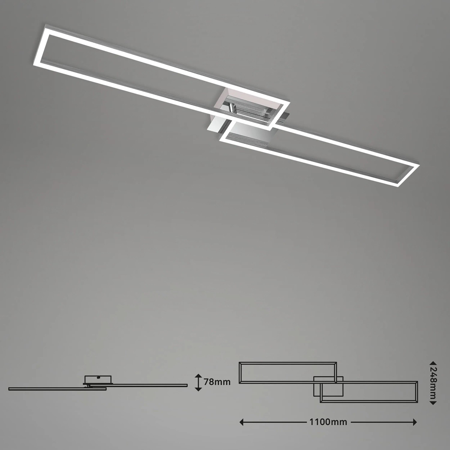 Dimmbare LED Deckenleuchte Frame, 110cm, Chrom-Alu, mit Fernbedienung zur Farbtemperatursteuerung.