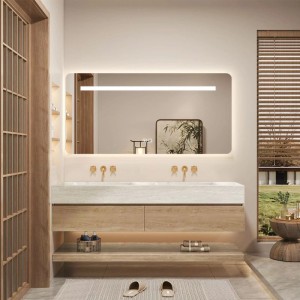 Modernes wandhängendes Doppelwaschbecken Set 140 cm in Travertin Optik mit LED Spiegel und Holz-Unterschrank.