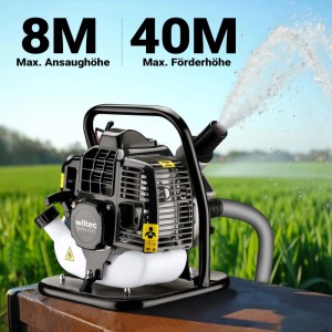 Wiltec Benzin Wasserpumpe im Garten, pumpt Wasser. Mobile Motorpumpe mit 8m Ansaug- & 40m Förderhöhe.