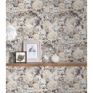 Vliestapete Trendwall 2 mit Blumenmuster in Grau, Beige und Creme.