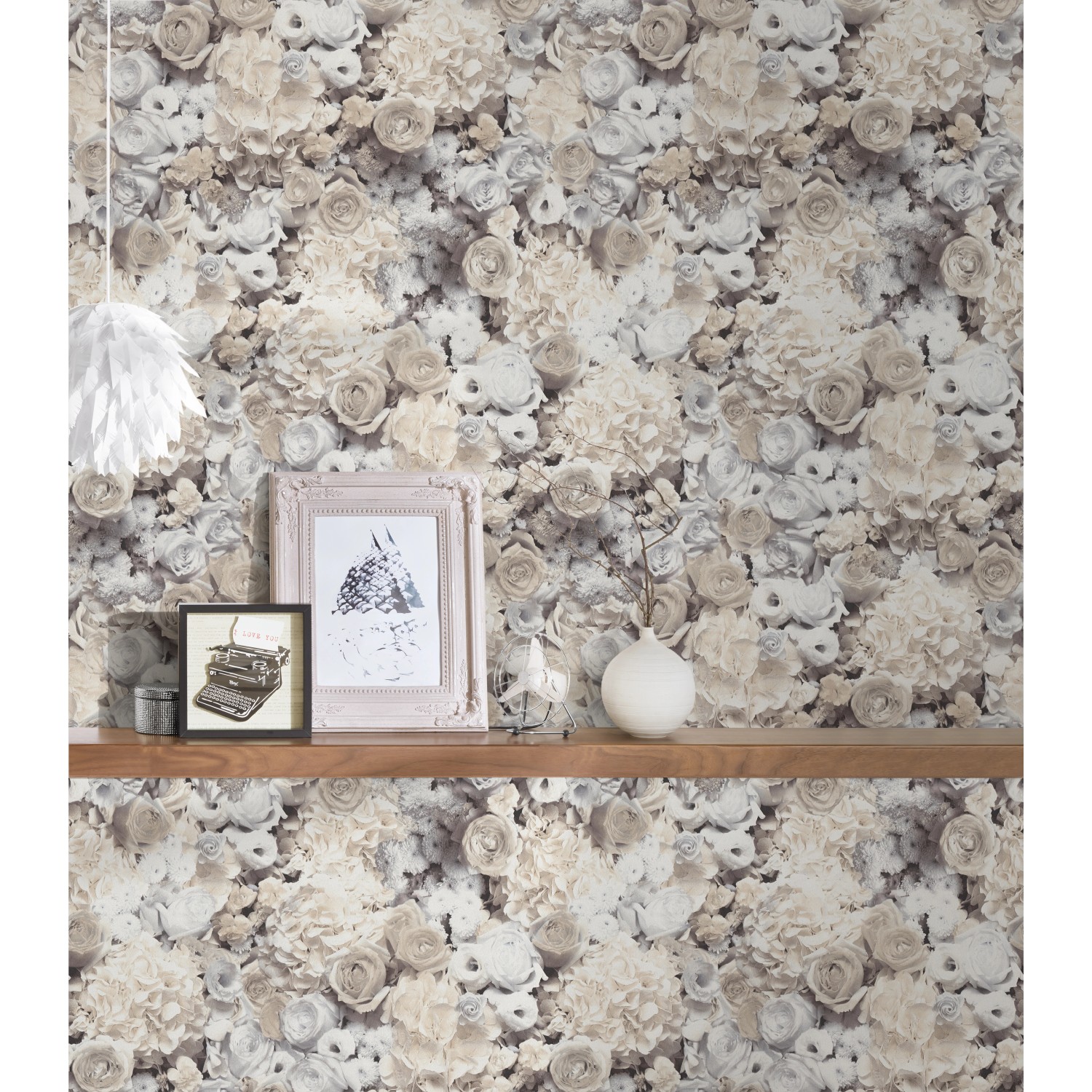 Vliestapete Trendwall 2 mit Blumenmuster in Grau, Beige und Creme.