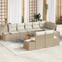 Beige-weißes 9-teiliges Garten-Sofa-Set aus Rattan mit Tisch für den Außenbereich.