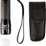 Schwarze LED Taschenlampe mit Tasche und Trageschlaufe für Werkstatt und Freizeit.