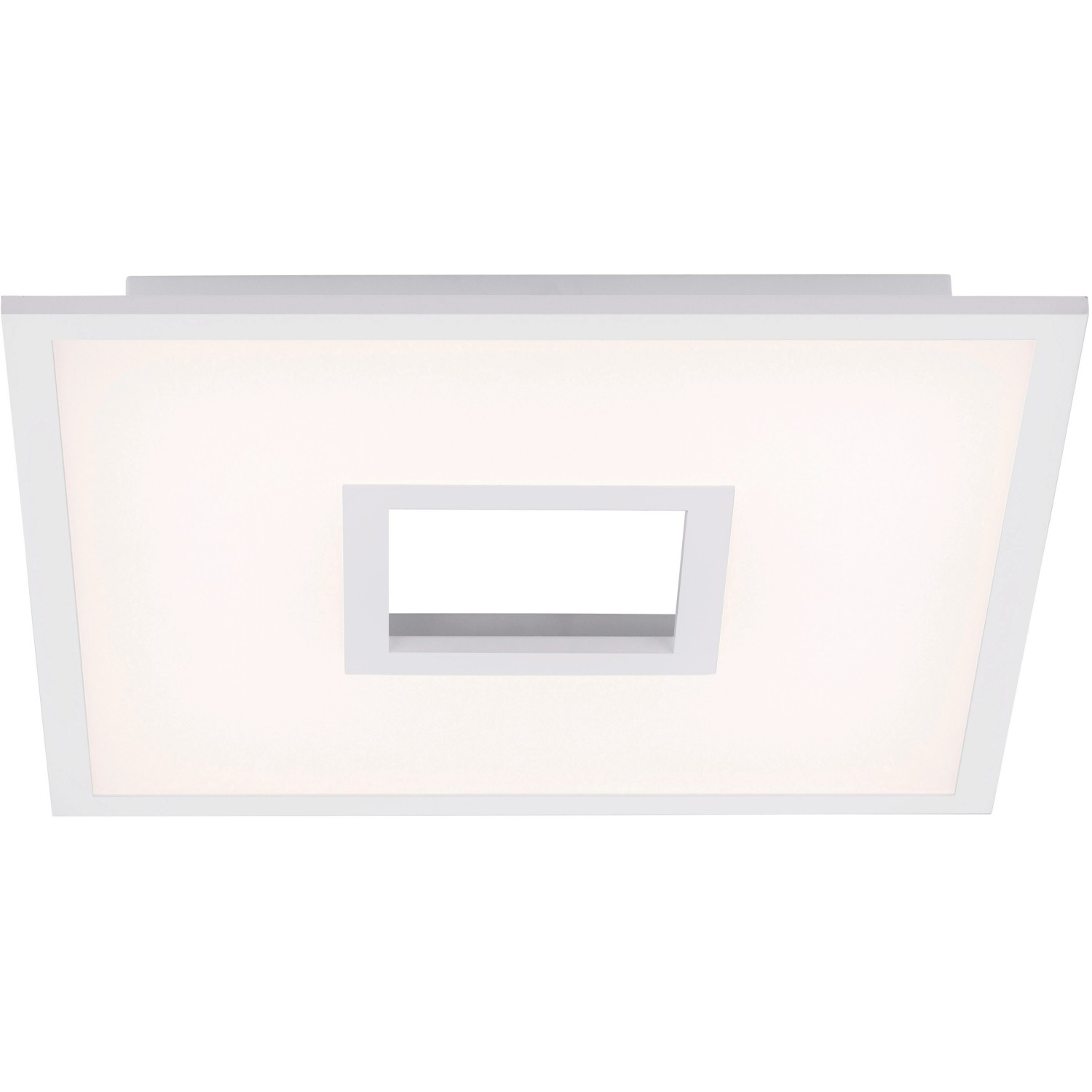 Quadratische, weiße LED-Deckenleuchte (45x45 cm) mit CCT-Funktion für variable Lichtfarbe.