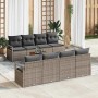 Graues 9-teiliges vidaXL Garten-Sofa-Set aus Rattan mit Tisch und grauen Kissen.