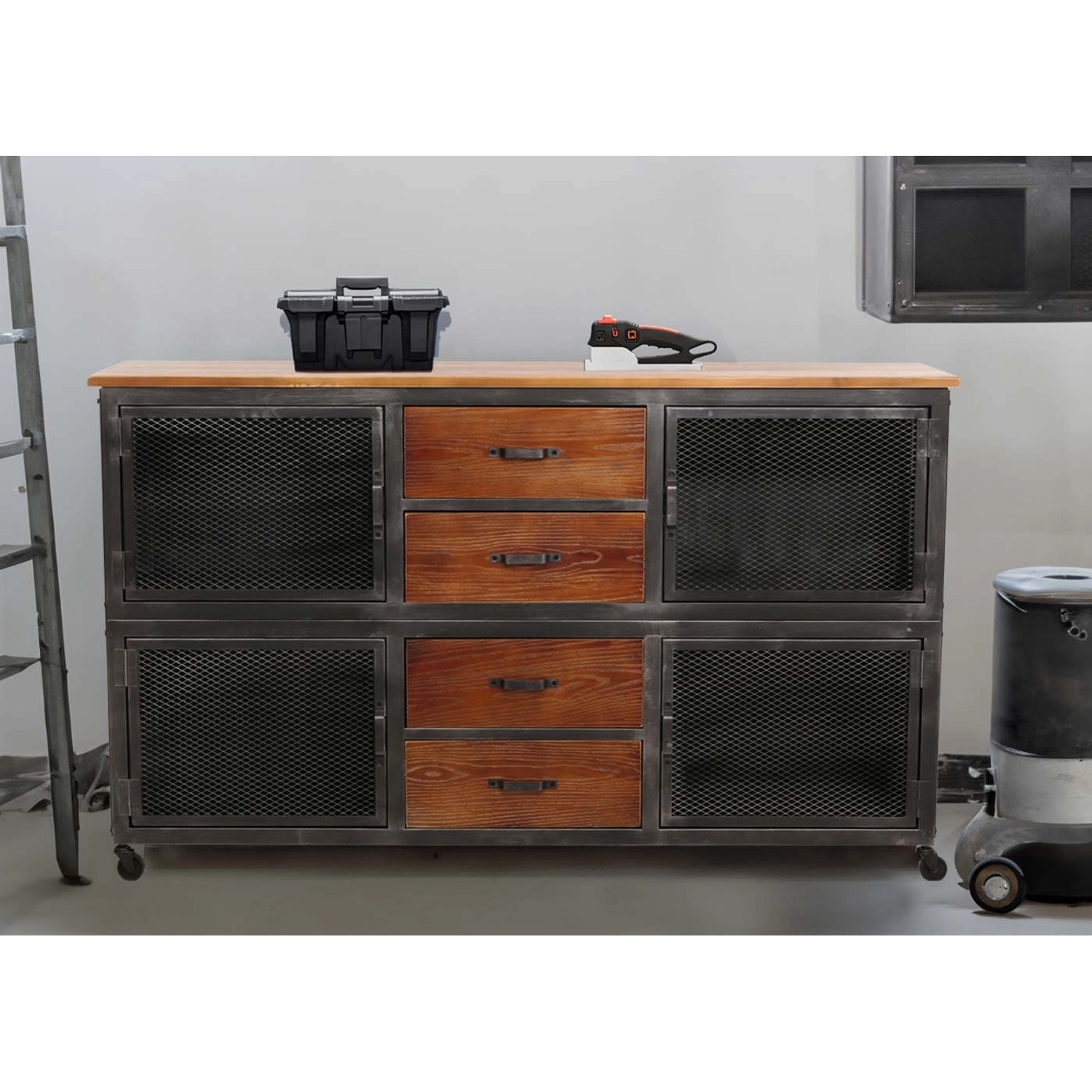 Schwarzer Werkstattwagen N28 mit 4 Schubladen, Holzplatte und Gittertüren, 90x150x40cm.