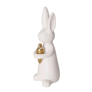 Dekorative Hasenfigur Hopsi in Weiß mit goldener Karotte, 15cm hoch.