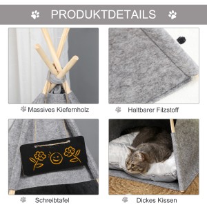 PawHut Katzenhaus im Tipi-Design mit Kissen, aus Filz und Holz.