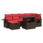 Braune 7-tlg. vidaXL Garten-Sofagarnitur aus Rattan mit roten Kissen und Tisch.