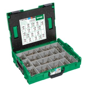 Offener, grüner Spax Montagekoffer L-Boxx mit Schrauben und Bits. Schrauben-Set sortiert.
