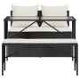 3-teilige Garten Essgruppe aus schwarzem Poly Rattan mit Tisch, Sofa und Hocker inklusive cremefarbener Kissen.