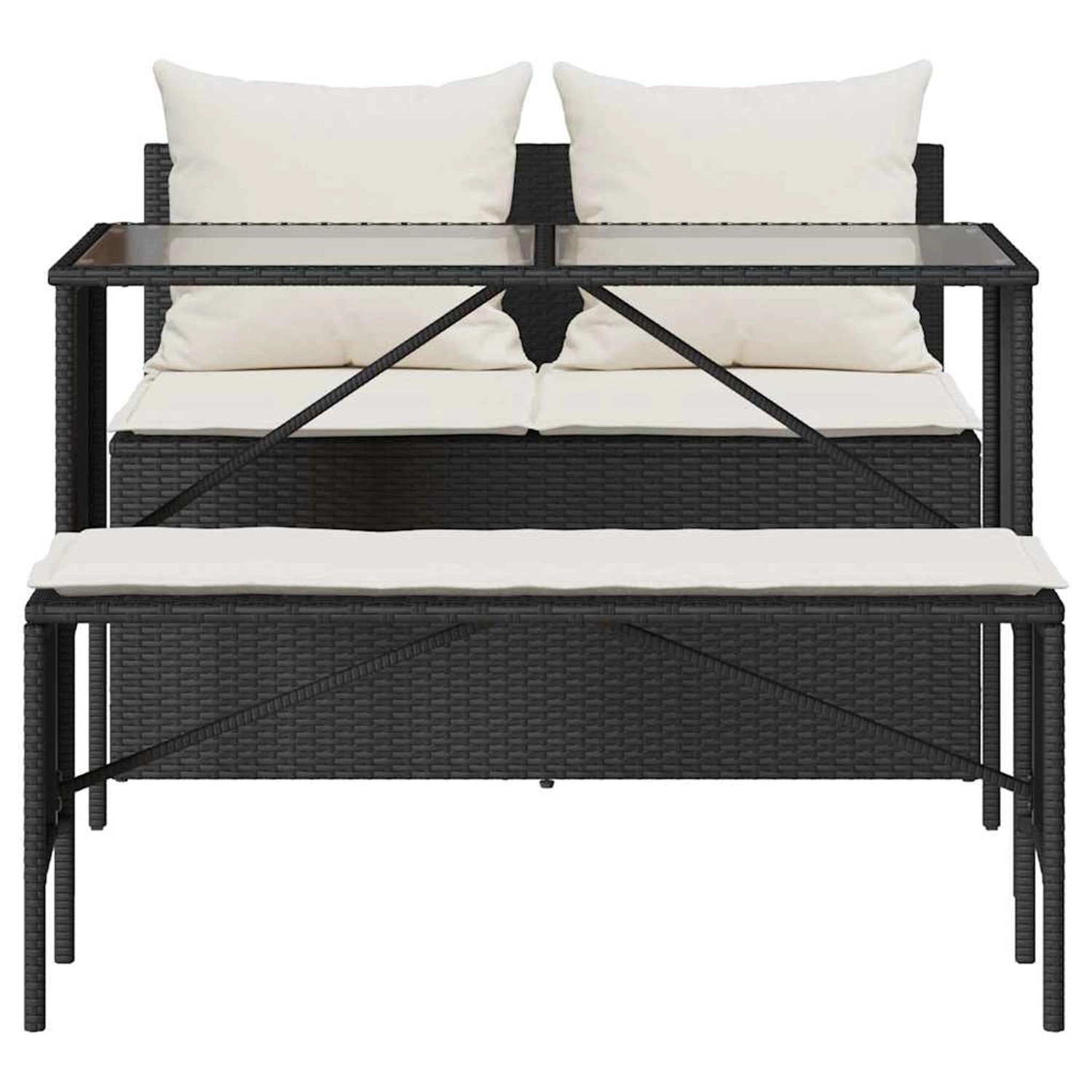 3-teilige Garten Essgruppe aus schwarzem Poly Rattan mit Tisch, Sofa und Hocker inklusive cremefarbener Kissen.