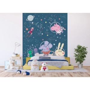 Sanders & Sanders Fototapete Peppa Wutz im Weltraum, dunkelblau, 2,25x2,7m für Kinderzimmer.
